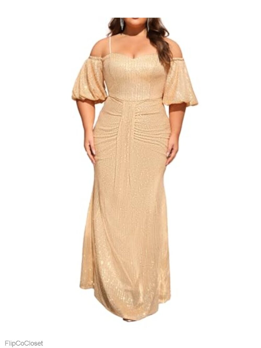 Plus Size Sequined Formal Gown, Off Shoulder Puff Sleeve